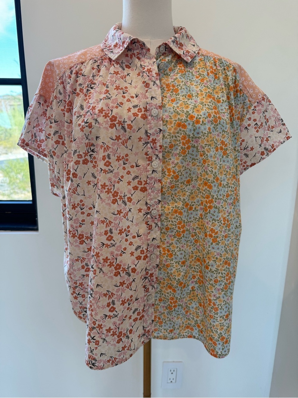 AE Floral Patchwork Oversized Button-Up Shirt Cottagecore Floral Cotton Boho